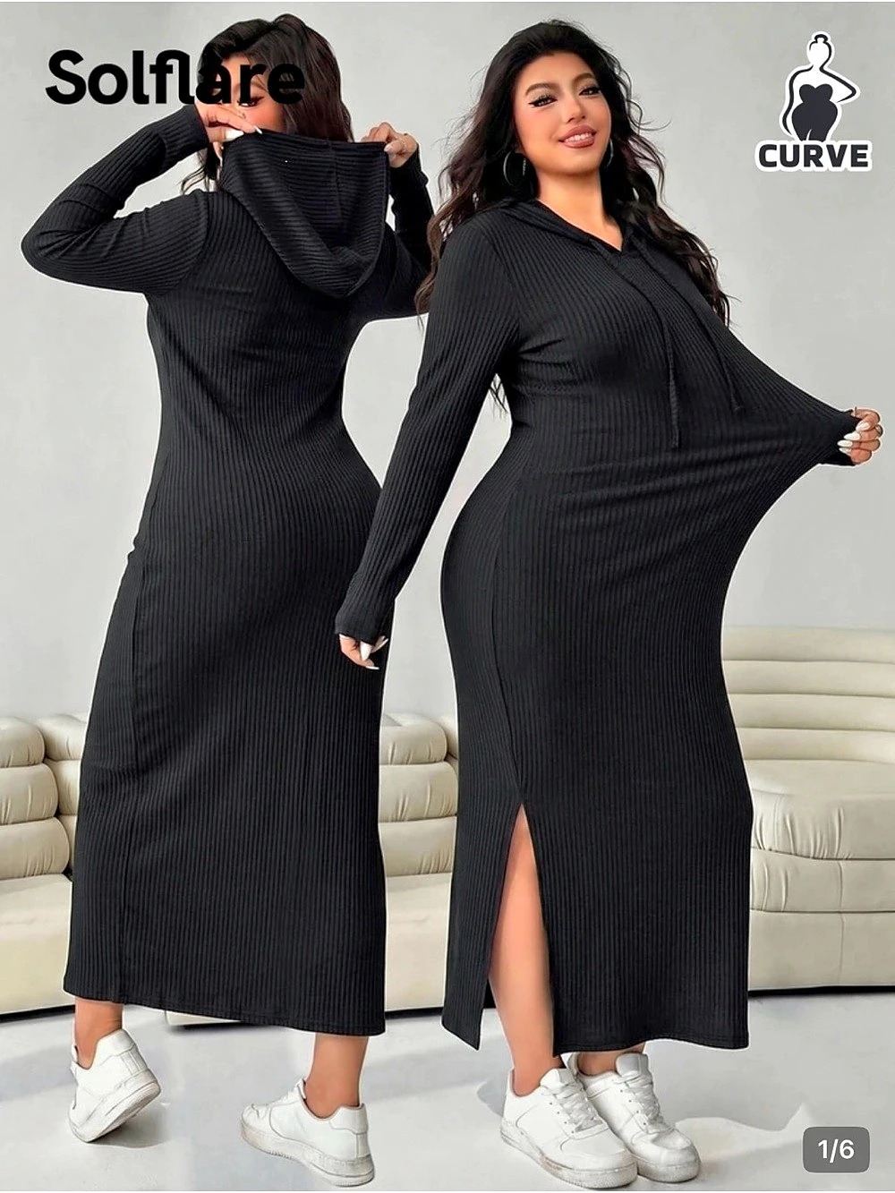 Solflare Plus Size Women's Hooded Drawstring Slim Fit Long Sleeve Ribbed Dress
